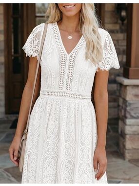 Lace V-Neck Midi Dress in White